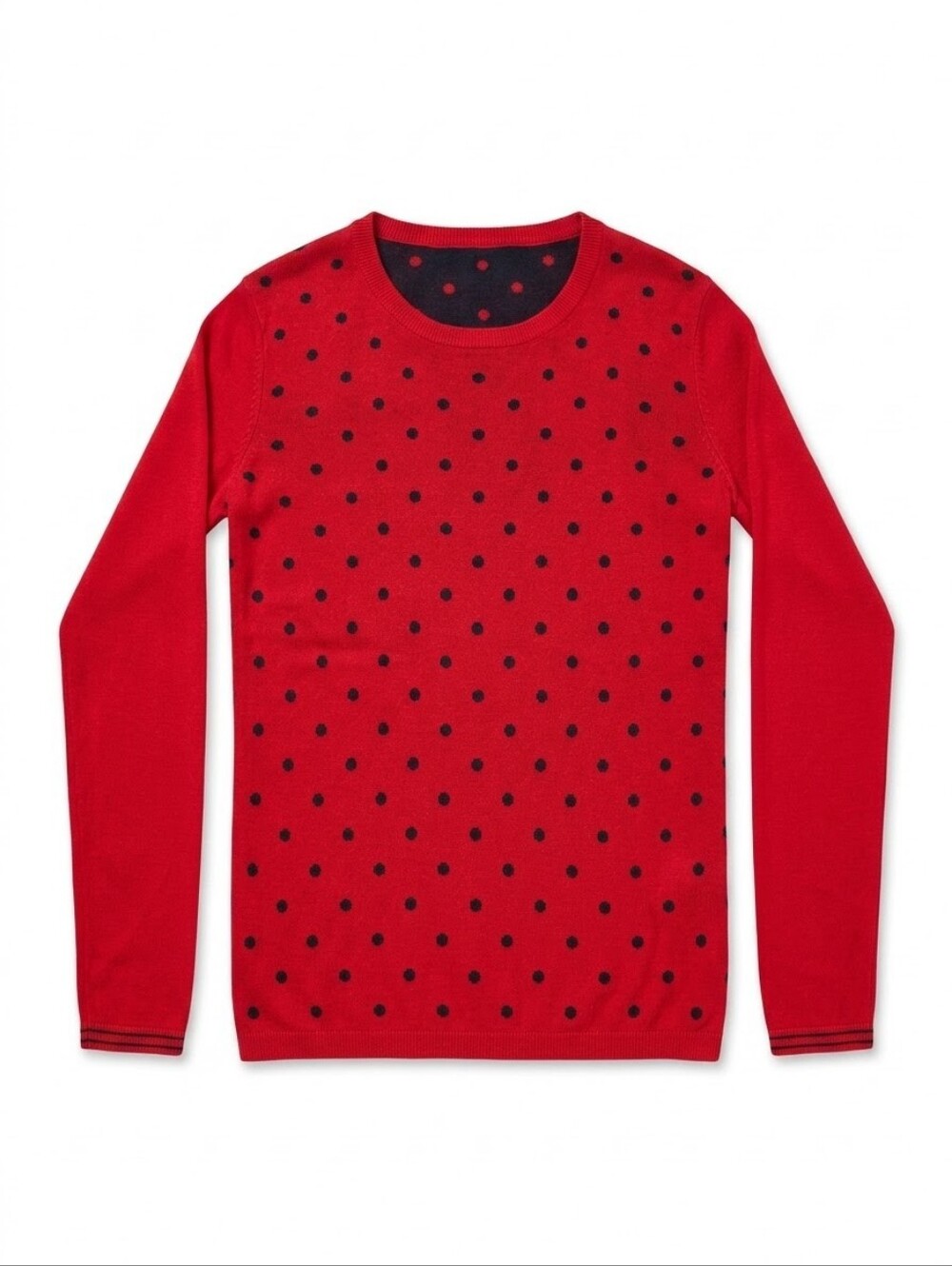 โTommy Hilfiger Red Black Polka Dot Knit Long Sleeve Crewneck Sweater Top
